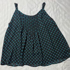 Torrid size 00 black spaghetti strap tank with blue diamond print and pleating
